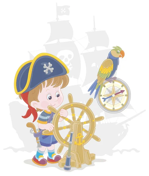 若いです男の子とともにコック船員の帽子とおもちゃのフィルムバスターピストル再生海の海賊とともに古い木製の船操舵舵舵舵 コンパスと面白いオウム ベクトル漫画のイラスト — ストックベクタ