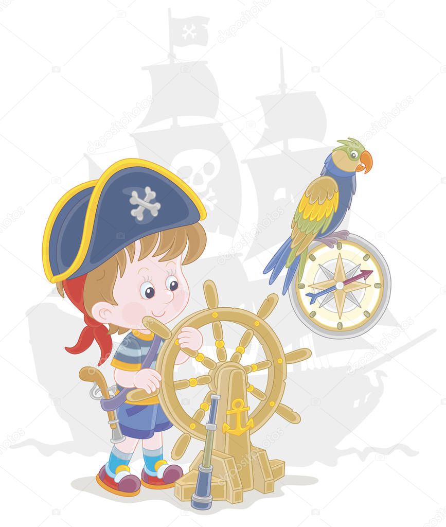 Little boy with a cocked sailor hat and a toy filibuster pistol playing a sea pirate with an old wooden ship steering helm, a compass and a funny parrot, vector cartoon illustration