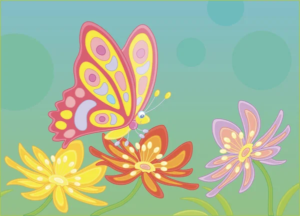 Όμορφη Περίτεχνη Πεταλούδα Κάθεται Ένα Φωτεινό Και Πολύχρωμο Λουλούδι Ένα — Διανυσματικό Αρχείο