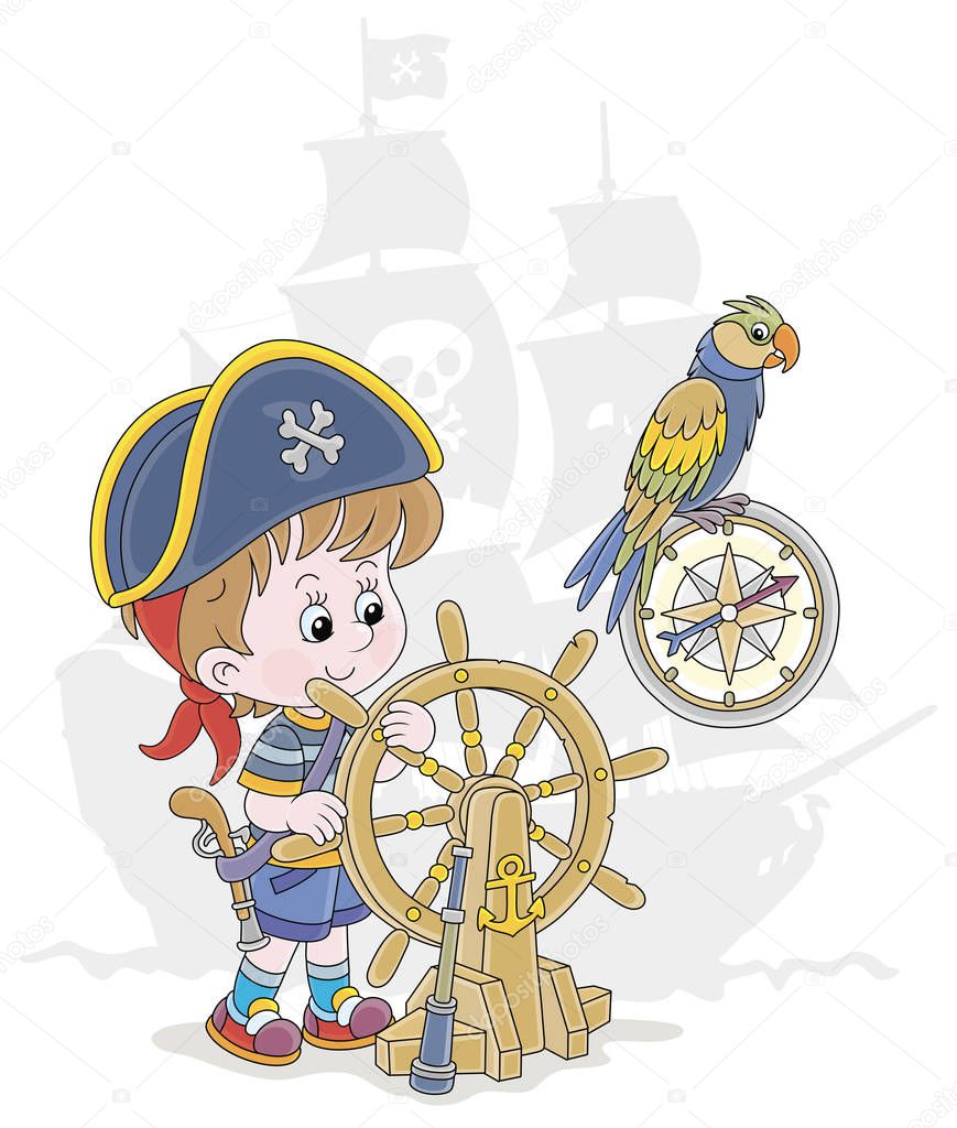 Little boy with a cocked sailor hat and a toy filibuster pistol playing a sea pirate with an old wooden ship steering helm, a compass and a funny parrot, vector cartoon illustration