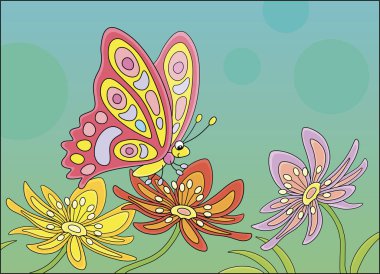 Beautiful ornate butterfly sitting on a bright and colorful flower in a summer garden, vector cartoon illustration clipart
