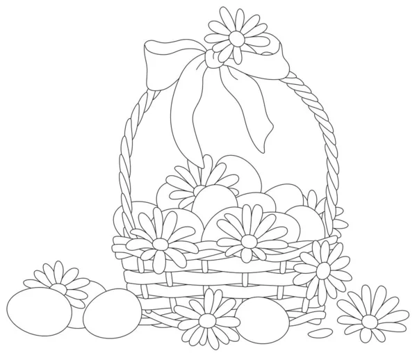 Easter Wicker Basket Bow Flowers Painted Eggs Black White Vector — Stock Vector