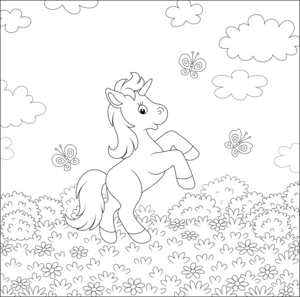 Pequeño Unicornio Mágico Bailando Con Mariposas Divertidas Entre Flores Silvestres — Vector de stock