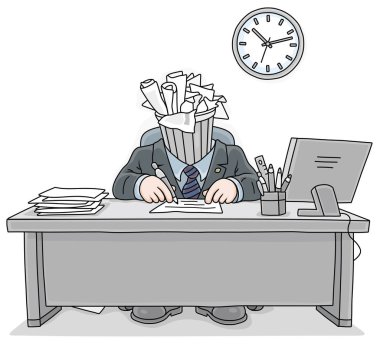 Trash can with crumpled paper instead a had of a clerk working with documents at a desk in an office, vector cartoon illustration clipart