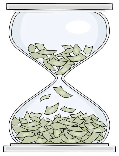 時間ガラスの中でお金と浪費時間の損失 白い背景のベクトル漫画イラスト — ストックベクタ