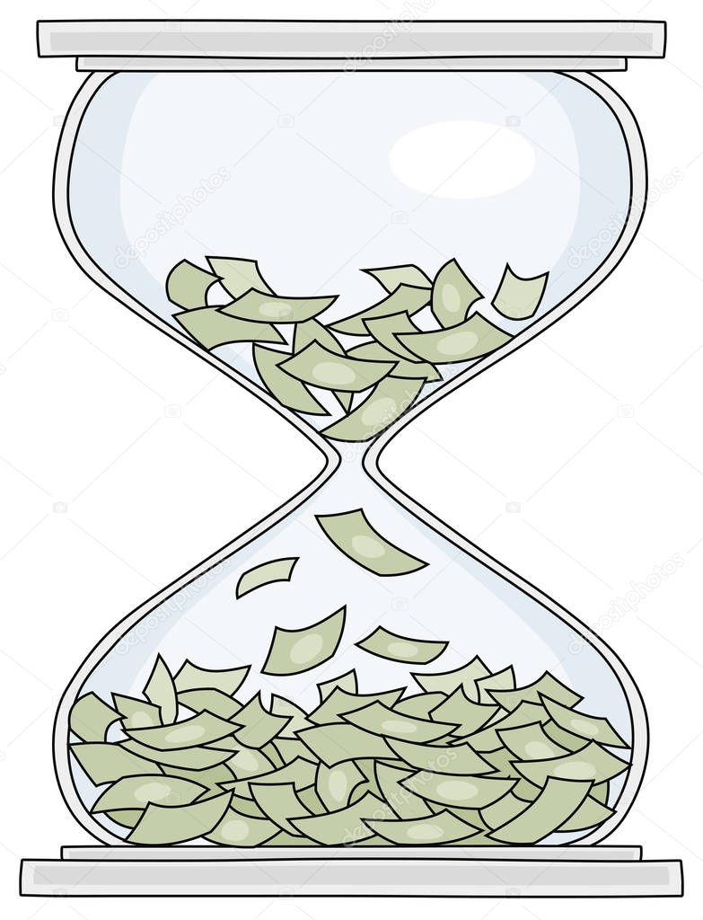 Losing of money and squandering time in an hourglass, vector cartoon illustration on a white background