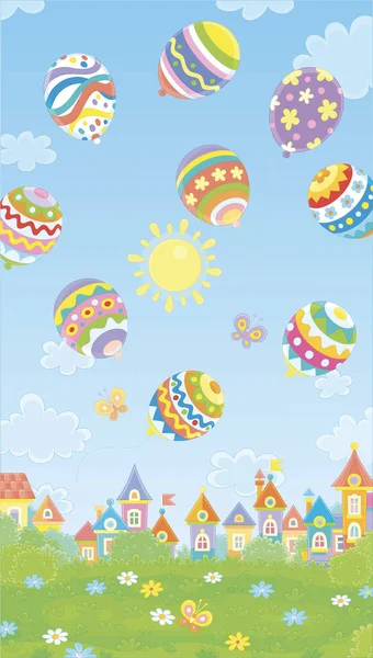 Colorfully Decorated Easter Balloons Flying Blue Sky Small Toy Town — Stock Vector