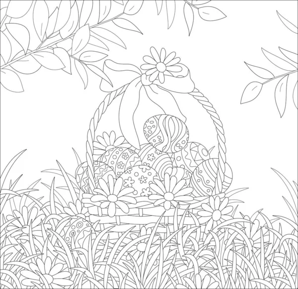 Пасхальная Плетеная Корзина Луком Раскрашенные Яйца Цветы Черно Белая Векторная — стоковый вектор