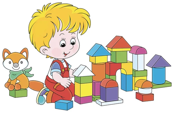 Menino Sorrindo Brincando Com Tijolos Coloridos Construindo Uma Fortaleza Brinquedo — Vetor de Stock