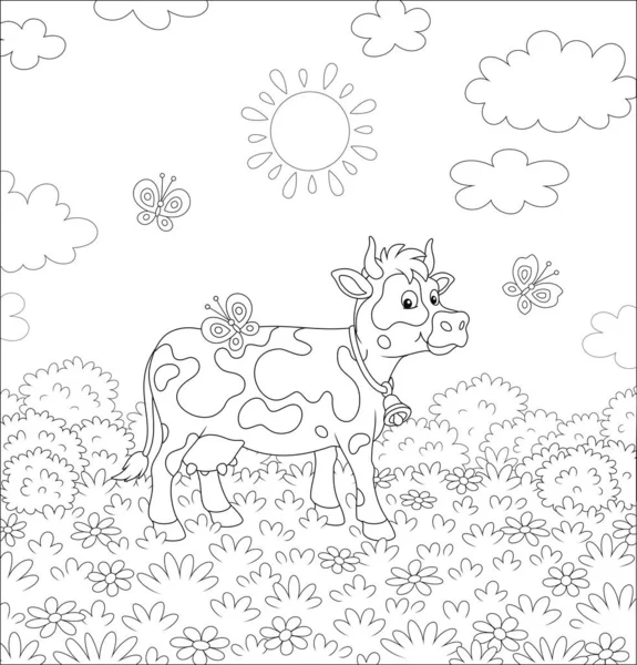 Spotted Dairy Cow Walking Lush Grass Flowers Flittering Butterflies Summer — Stock Vector