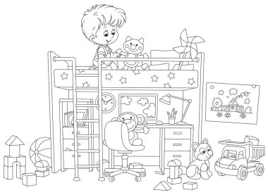 Oyun odasında oyuncaklarla oynayan küçük mutlu bir çocuk. Komik bir yatağı, bilgisayarı ve lambası olan bir masası, boyama kitabı için siyah-beyaz vektör çizimi.