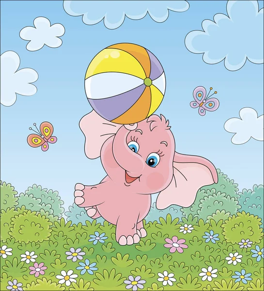 Little Pink Elephant Playing Big Colorful Ball Green Grass Flowers — Stock Vector