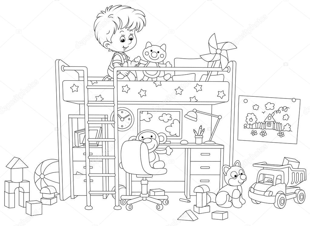 Happy little boy playing with toys in his playroom with a funny bed and a table with a computer and a lamp, black and white vector cartoon illustration for a coloring book page