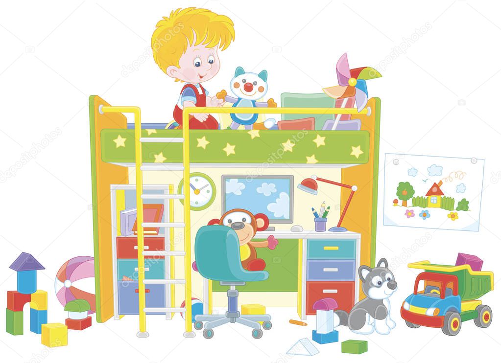 Happy little boy playing with toys in his playroom with a funny bed and a table with a computer and a lamp, vector cartoon illustration on a white background