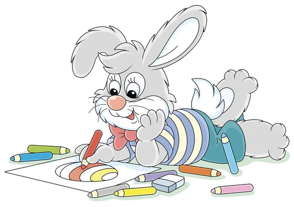 小さなイースターバニー笑顔と白の背景にグリーティングカード ベクトル漫画のイラストのための紙のシートに色鉛筆で飾られた休日の卵を描きます — ストックベクタ