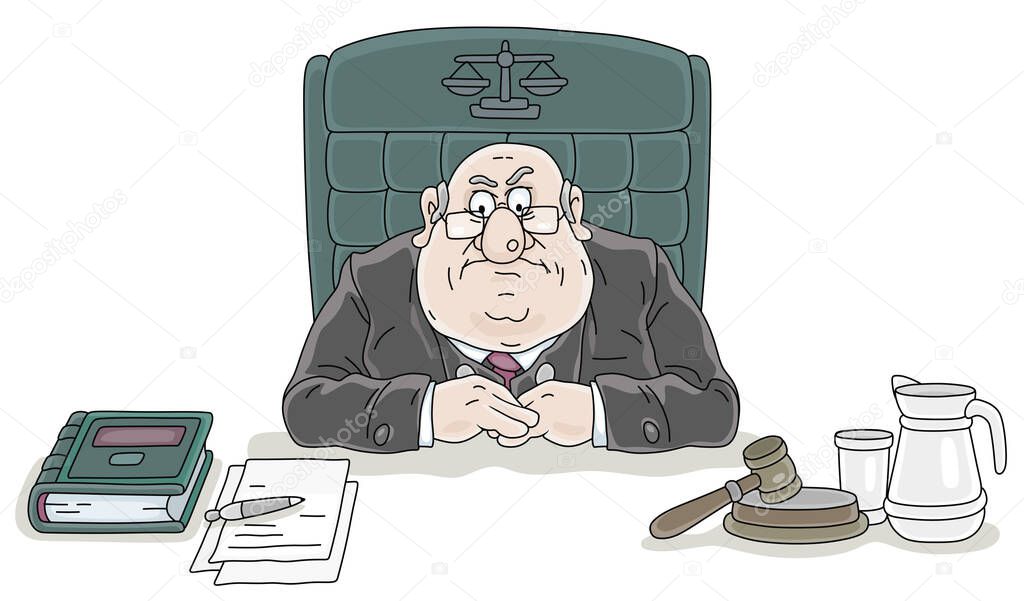 Angry judge sitting at his desk with a gavel and documents at judicial hearing in court of law, vector cartoon illustration on a white background