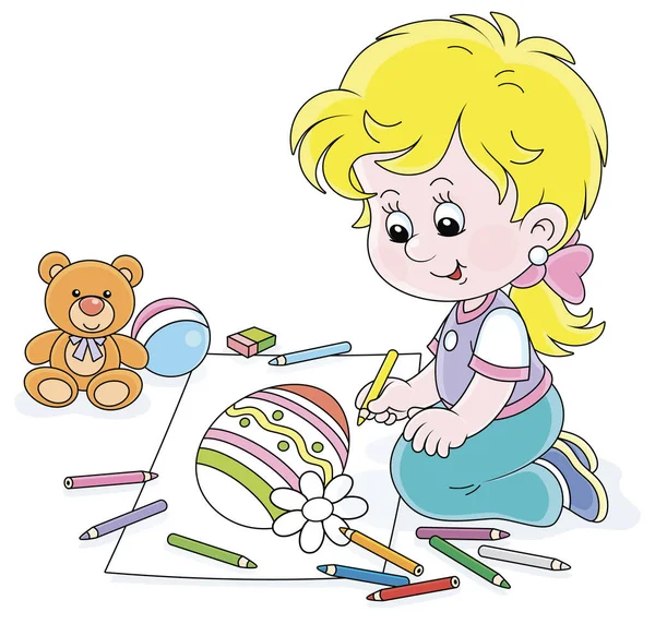 Милая Маленькая Девочка Улыбается Рисует Украшенное Пасхальное Яйцо Цветными Карандашами — стоковый вектор