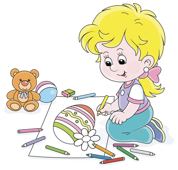 Linda Niña Sonriendo Dibujando Huevo Pascua Decorado Con Lápices Color — Vector de stock