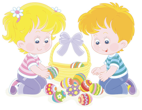 Happy little children putting colorfully painted eggs in an Easter basket decorated with a beautiful bow, vector cartoon illustration on a white background
