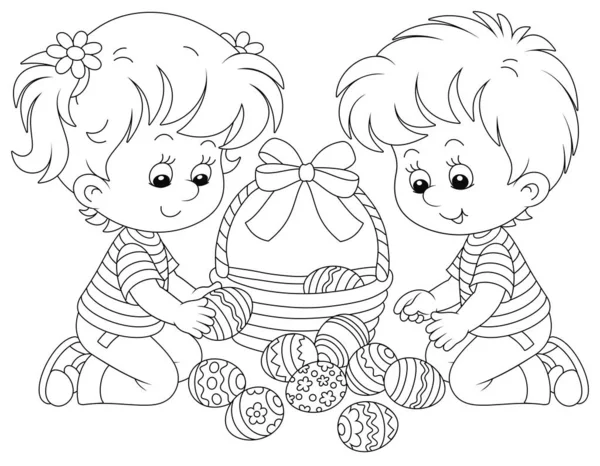 Niños Pequeños Felices Poniendo Huevos Pintados Una Cesta Pascua Decorada — Vector de stock