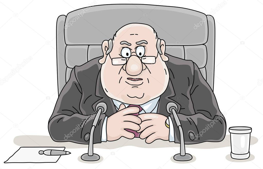 Government official sitting at his desk and making an official statement at a meeting, vector cartoon illustration on a white background