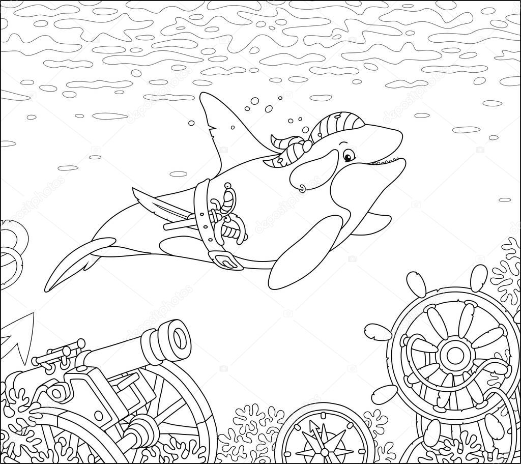 Killer whale swimming with a pirate bandana, a saber and a pistol over wreckage of an old sunken sail ship on a see bottom, black and white vector cartoon illustration for a coloring book