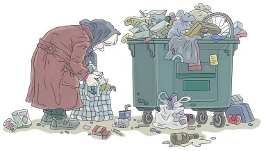 Yemek arayan ve eski çantasında yemek artıklarını toplayan yaşlı bir kadın kalabalık bir çöp tenekesinin yanında, beyaz bir arka planda vektör karikatür çizimi.
