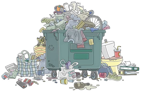 Überfüllte Mülltonnen Mit Hausmüll Und Abfällen Vektor Cartoon Illustration Auf — Stockvektor