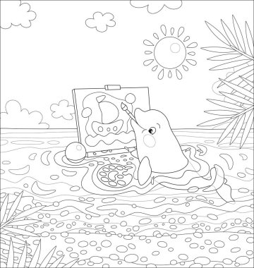 Küçük yunus, güneşli bir yaz gününde, tropik bir plajın suyunda yüzen oyuncak bir geminin komik bir resmini çiziyor. Renkli bir kitap sayfası için siyah beyaz vektör karikatür çizimi.