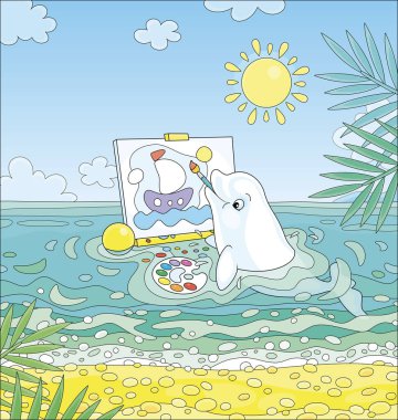 Küçük beyaz yunus, güneşli bir yaz gününde mavi sularda yüzen oyuncak bir geminin komik bir resmini çiziyor.