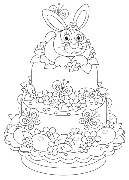Gâteau Pâques Fantaisie Avec Lapin Mignon Belles Fleurs Des Œufs — Image vectorielle