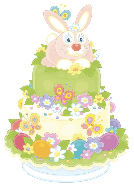 可愛いウサギとファンシーイースターケーキ カラフルな花 描かれた卵と明るい蝶をなびかせ 白い背景にベクトル漫画のイラスト — ストックベクタ