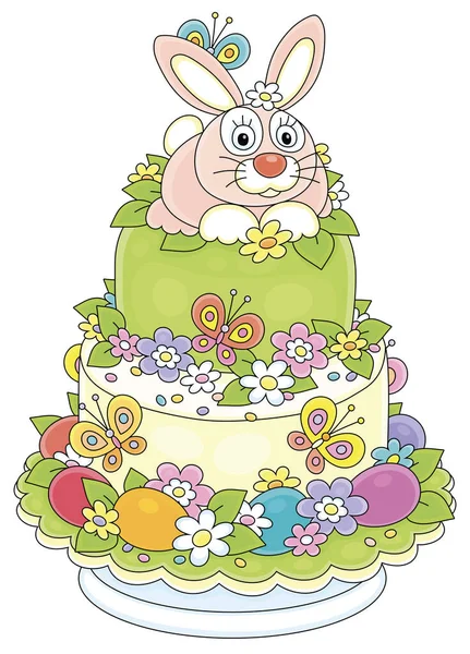可愛いウサギとファンシーイースターケーキ カラフルな花 描かれた卵と明るい蝶をなびかせ 白い背景にベクトル漫画のイラスト — ストックベクタ