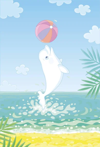 白い遊び心のあるイルカが水から飛び降り 晴れた夏の日に熱帯のビーチで大きなカラフルなボールを演奏し ベクトル漫画のイラスト — ストックベクタ