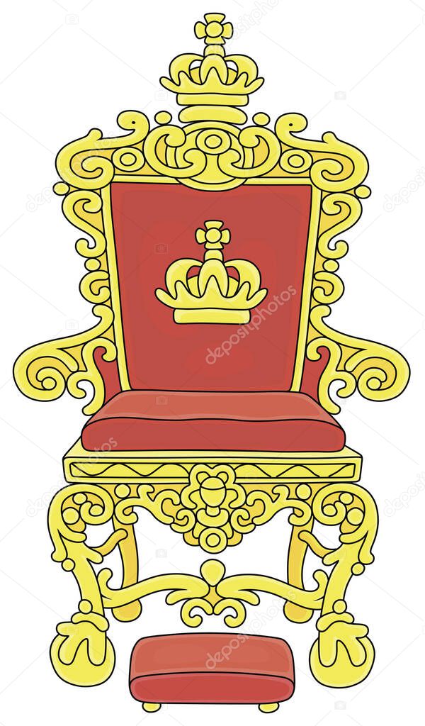 Golden throne of an emperor or a king ruling over a fairy kingdom, a symbol of autocratic power, vector cartoon illustration on a white background