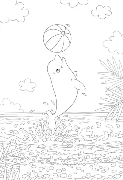 夏日的晴天 小海豚跳下水 在热带海滩上玩着一个大大的条纹球 — 图库矢量图片
