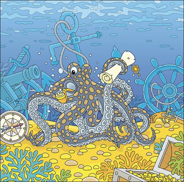 Sea Pirate Octopus Map Treasure Island Big Wooden Chest Gold — Stock Vector