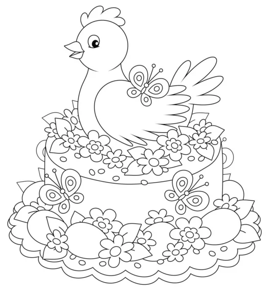 Gâteau Pâques Fantaisiste Avec Une Mignonne Poule Jouet Magnifiques Fleurs — Image vectorielle