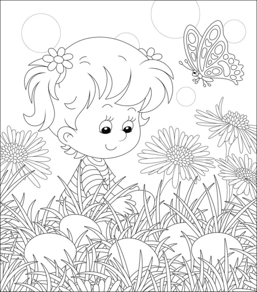 卵狩りを食べる 伝統的な春祭りでフィールド上の草や花の間で描かれた卵を求めて幸せな女の子 着色本のページのための黒と白のベクトル漫画のイラスト — ストックベクタ