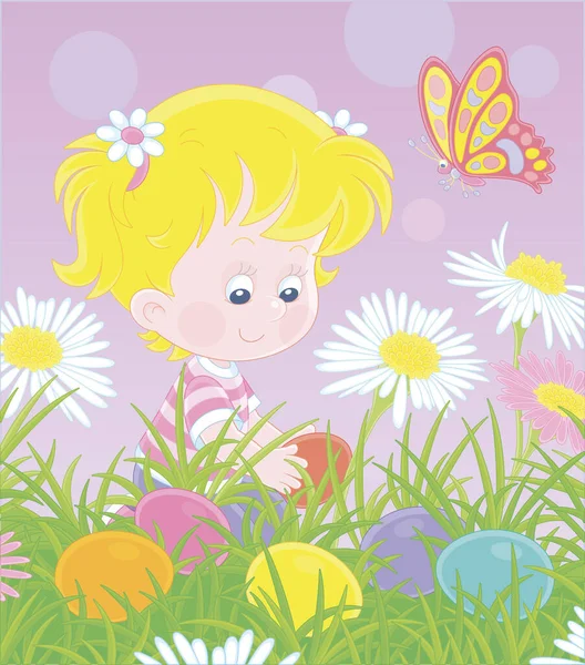 卵狩りを食べる 伝統的な春祭りで緑のフィールド上の草や花の間でカラフルな絵の卵を求めて幸せな女の子 ベクトル漫画のイラスト — ストックベクタ
