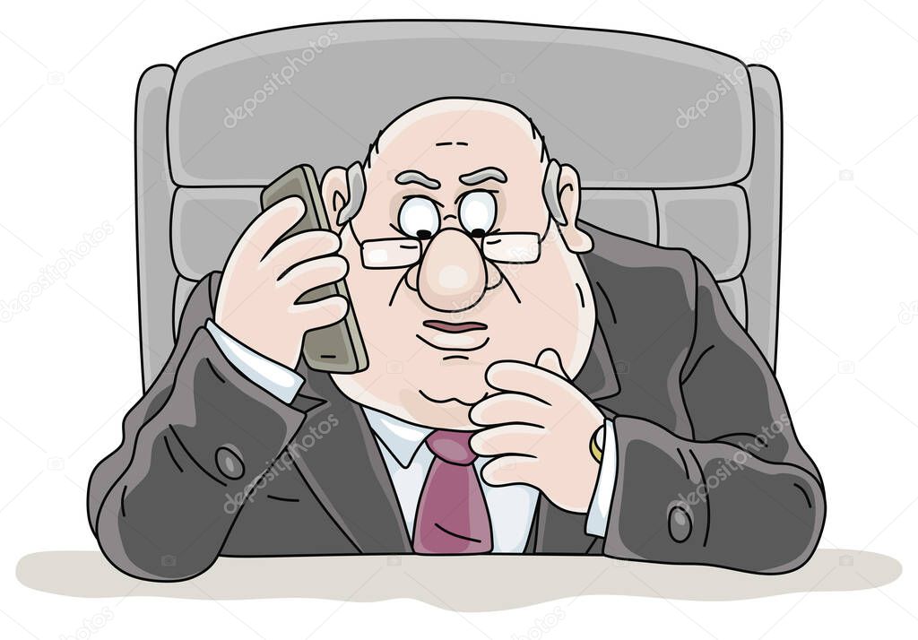 Government official sitting at his desk and talking on a cell phone, vector cartoon illustration on a white background