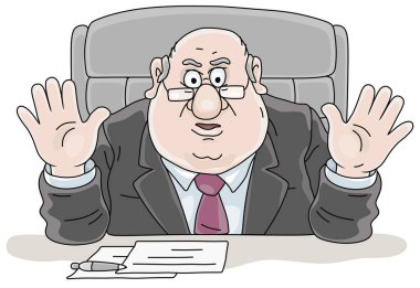 Hükümet yetkilisi masasında oturuyor, el sallıyor ve bir toplantıda veya bir basın toplantısında konuşma yapıyor, beyaz bir arkaplanda vektör karikatür çizimi