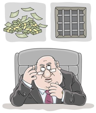 Masasında suratını ekşitmiş, büyük bir gelin fiyatını düşünen ve kendini parmaklıklar arkasında bulma olasılığını değerlendiren üzgün, yozlaşmış bir memur, vektör karikatürü çizimi