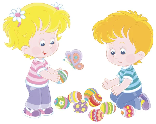 Happy Merry Little Children Collecting Colorfully Painted Decorated Eggs Easter — Stock Vector