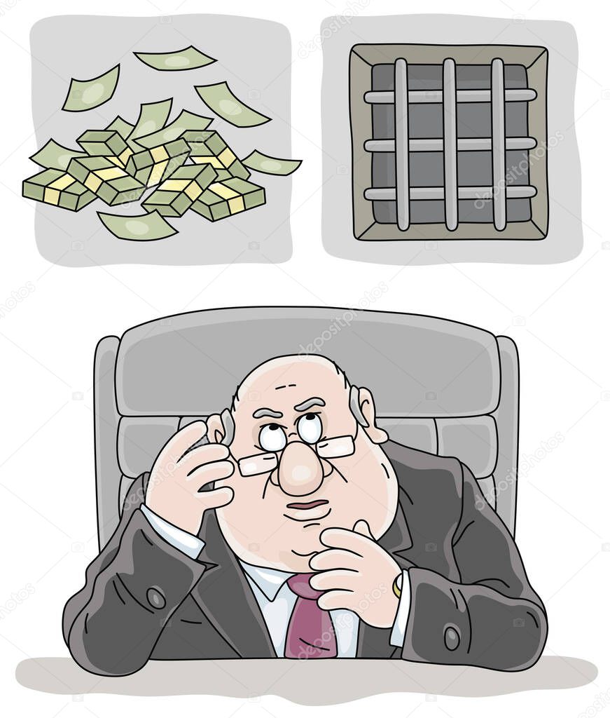 Sad corrupt official with a sour face sitting at his desk, thinking about a big bride price and assessing a probability to find himself behind bars, vector cartoon illustration
