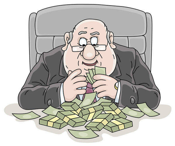Joyful fat corrupt official sitting at his office desk and counting money received in a bribe, vector cartoon illustration on a white background