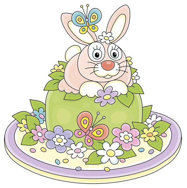 可愛いピンクのウサギと甘い休日のケーキのように作られたファンシーイースターのおもちゃの帽子 カラフルな花と明るい蝶をなびかせ 白い背景にベクトル漫画のイラスト — ストックベクタ