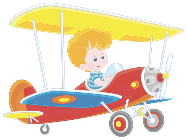 小男孩驾驶着一架五颜六色的玩具飞机在公园的操场上驾驶着 白色背景上的矢量卡通画 — 图库矢量图片