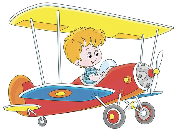 Kleiner Junge Steuert Ein Buntes Spielzeugflugzeug Auf Einem Spielplatz Einem — Stockvektor