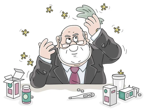 温度計で温度を測ったり薬を飲んだりウイルスを吹き飛ばしたりベクトル漫画 — ストックベクタ